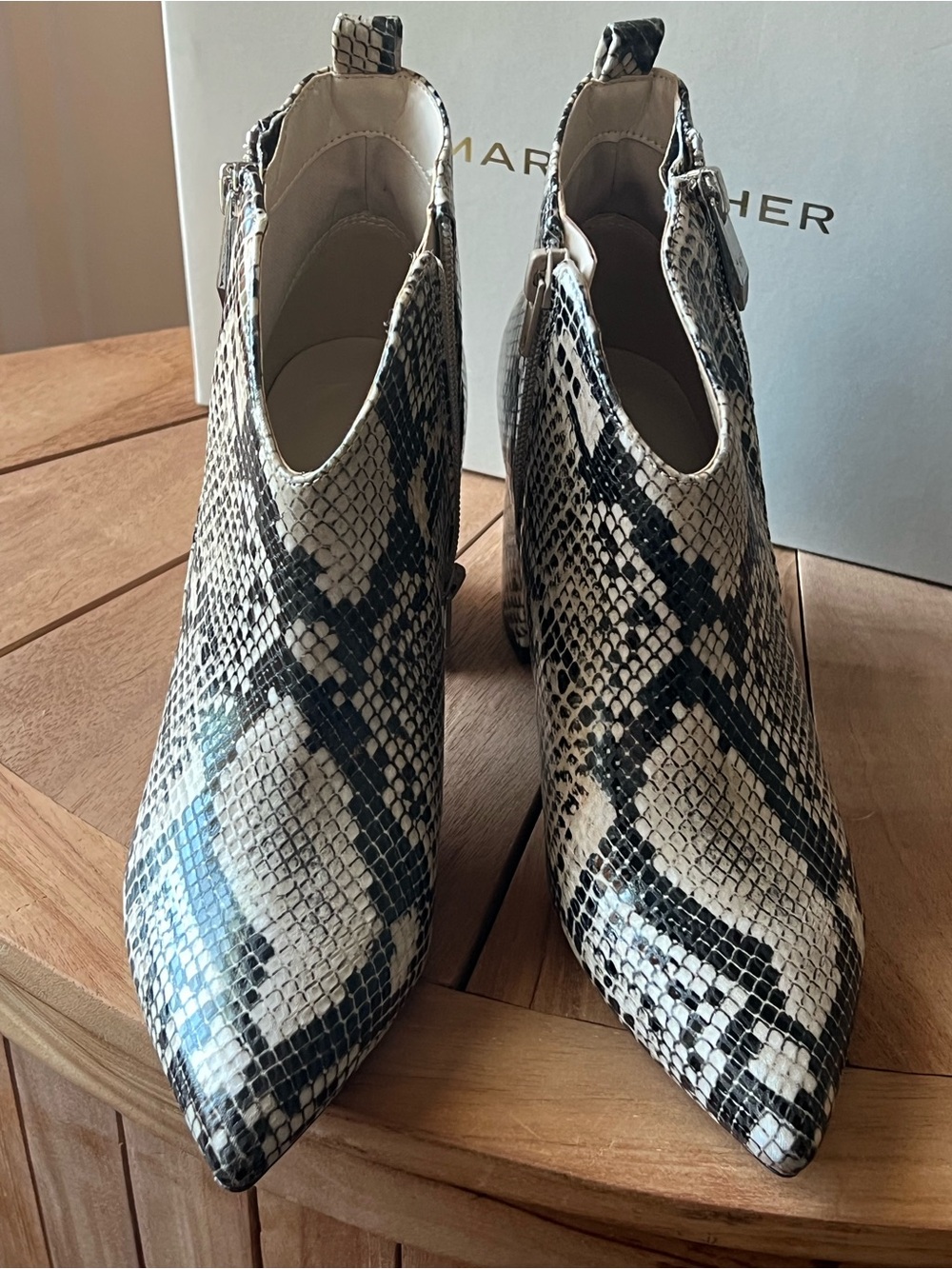 Marc Fisher Black & Cream Snake-Print Pointed Ankle Booties shoes